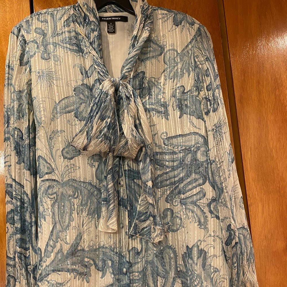 Ellen Tracy Blue and White Floral Blouse runs small